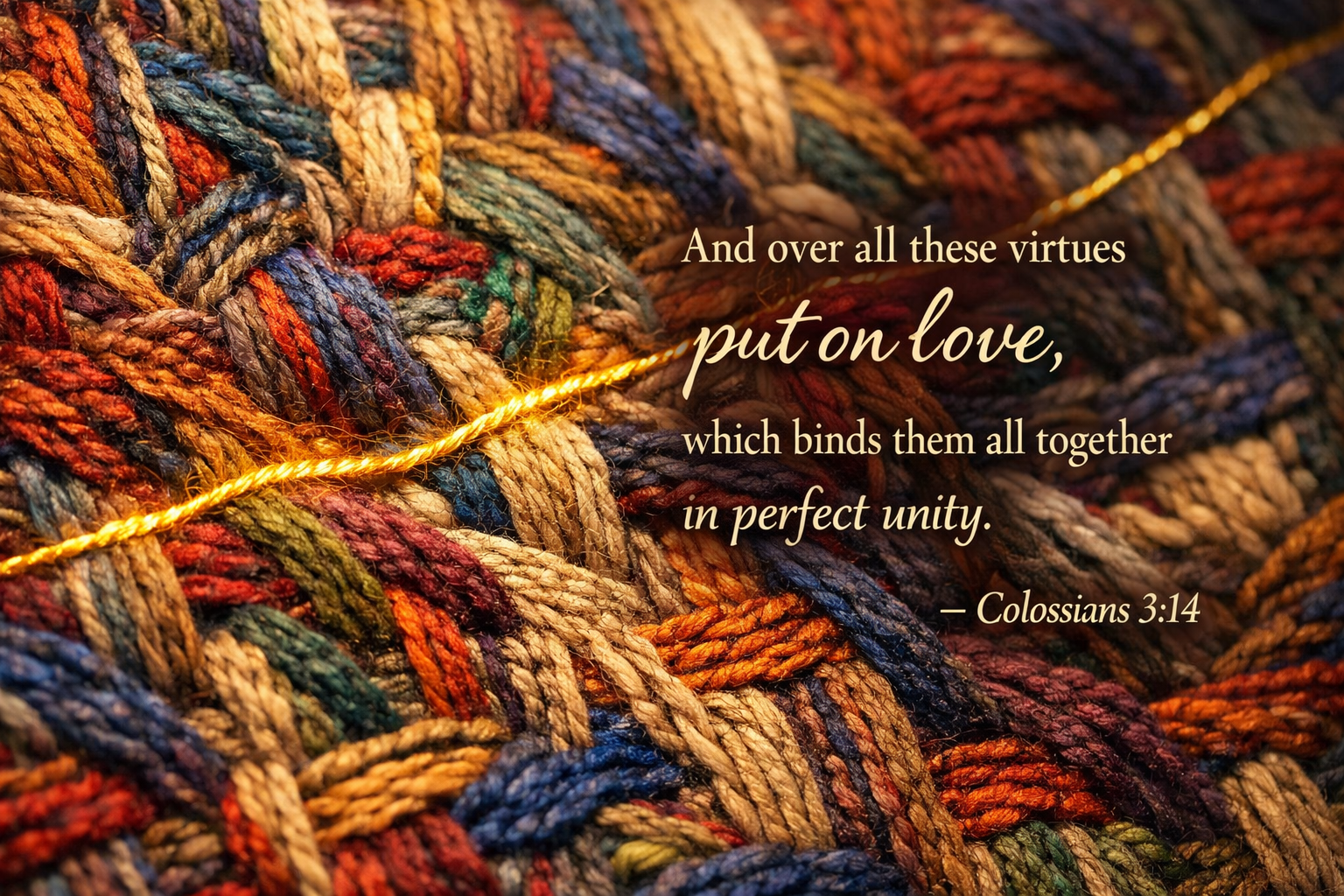 Bible verse wallpaper Colossians 3:14 with close-up of richly woven tapestry with golden binding thread